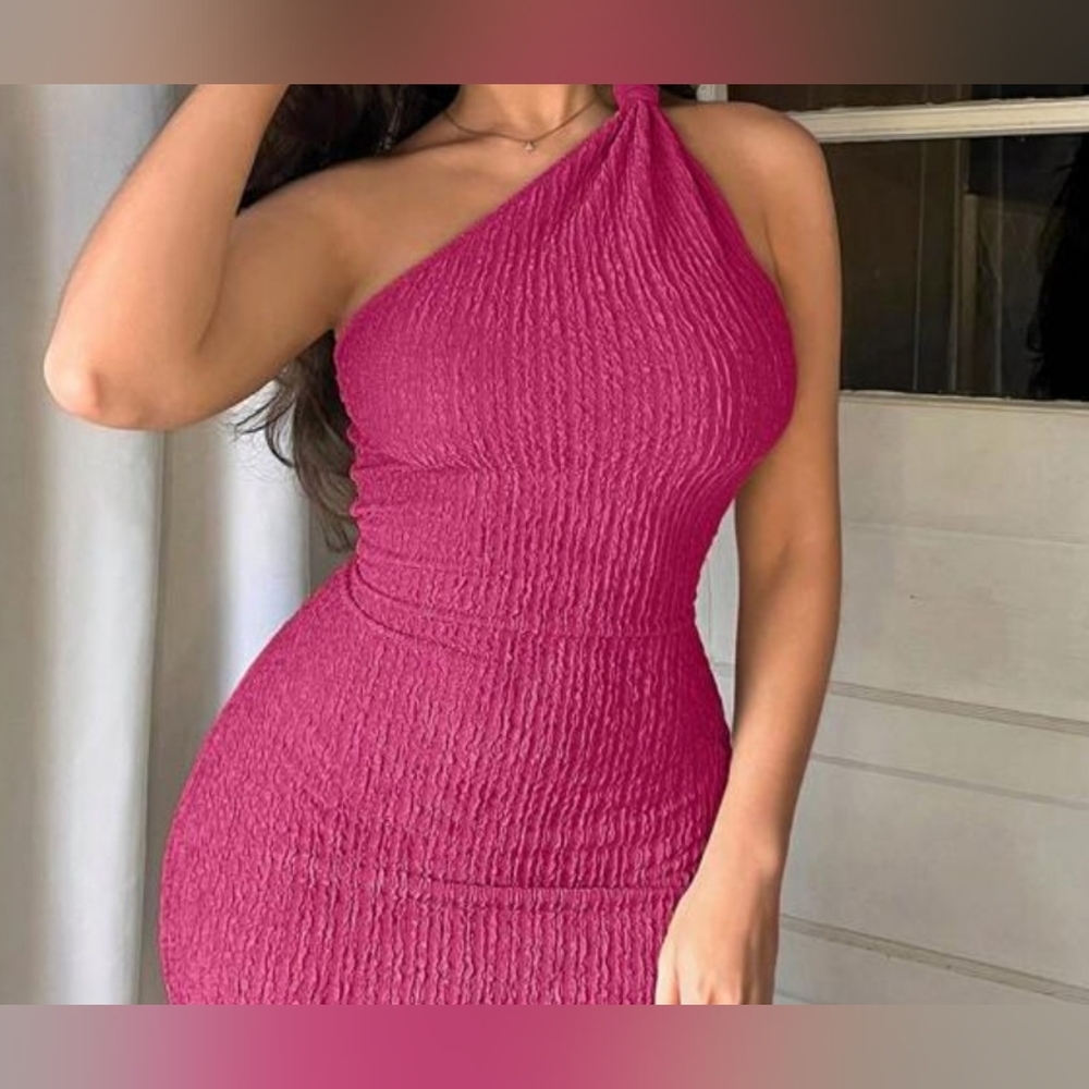 #024.B SHEIN Sz M Mini Dress * Elegant Pink One-Shoulder Dress - Picture 2 of 7